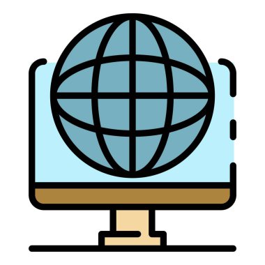 Bilgisayar ve dünya simgesi renk ana hatları vektörü