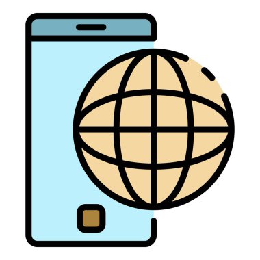 Akıllı telefon ve dünya simgesi renk ana hatları vektörü