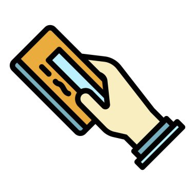 Adam kredi kartı simgesi renk çizgisi vektörü ile öder