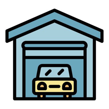 Kiralık araba garajı simgesi renk ana hatları vektörü