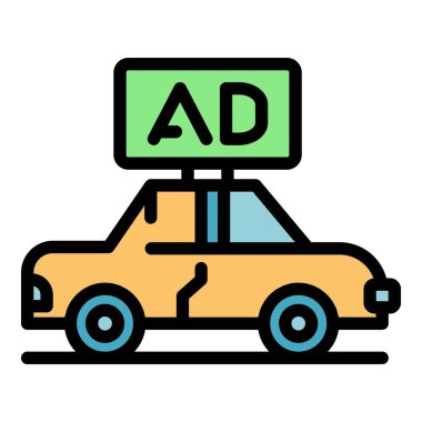 Arabanın çatısındaki simge renk ana hatları vektöründe reklam