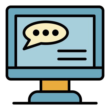 Monitör simgesi renk ana hatları vektöründe sohbet balonu