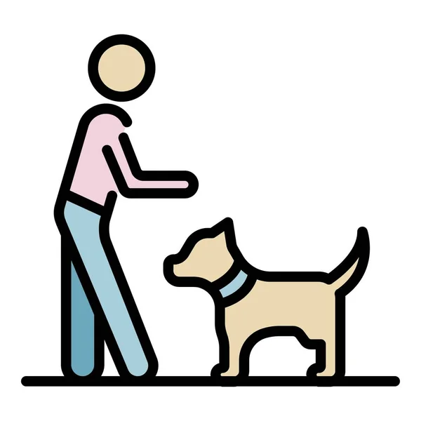 Jongen spelen hond pictogram kleur overzicht vector — Stockvector