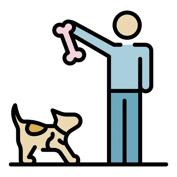 Man give bone to dog icon color outline vector — Stock Vector