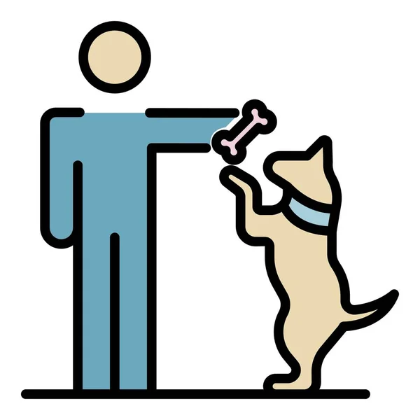 Man give bone to dog icon color outline vector — Stock Vector