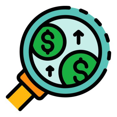 Para sikkeleri büyüteç simgesi renk ana hatları vektörü altında