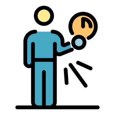 İnsan saat simgesini tutar renk ana hatları vektörü