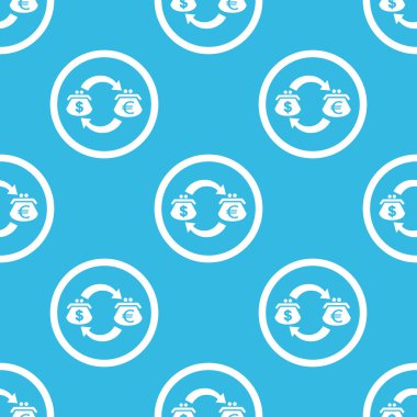 美元和欧元的钱包，用交换符号在圈子里，在蓝色背景上重复