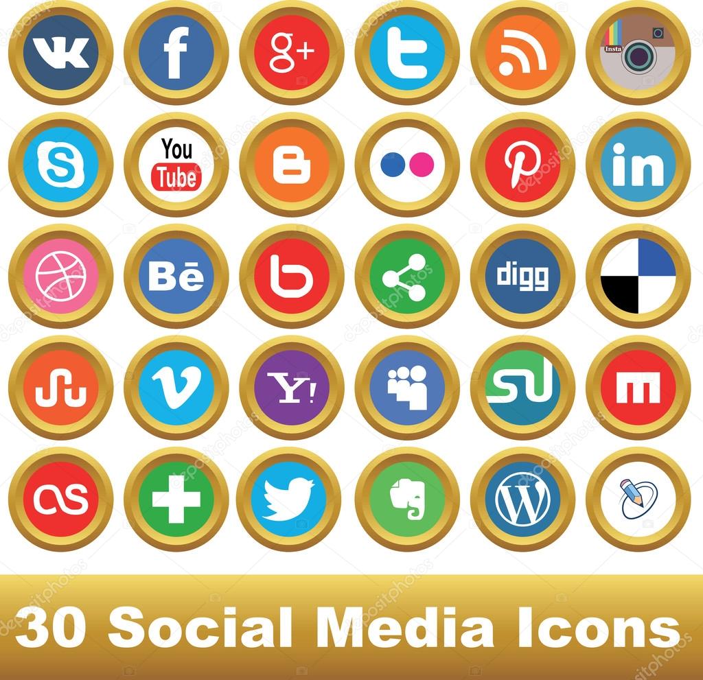 30 social media icons set on a white background
