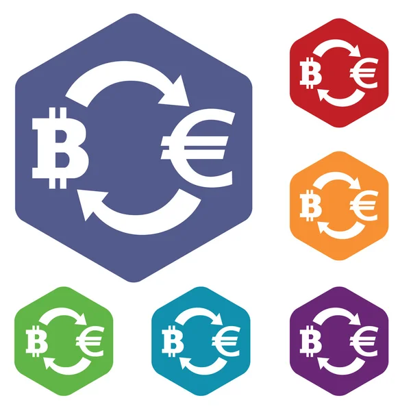Bitcoin-euro výměna ikon, šestiúhelník sada — Stockový vektor
