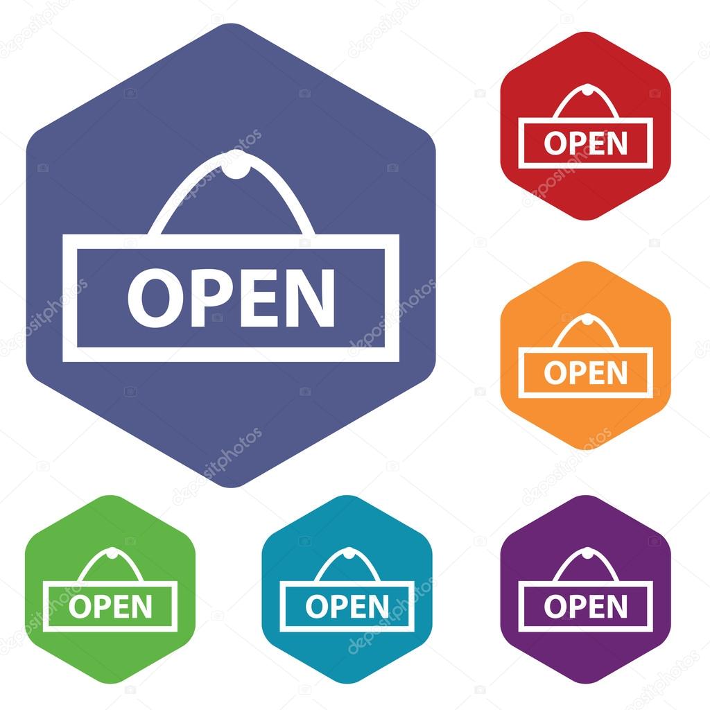 Open icon, colored hexagon set