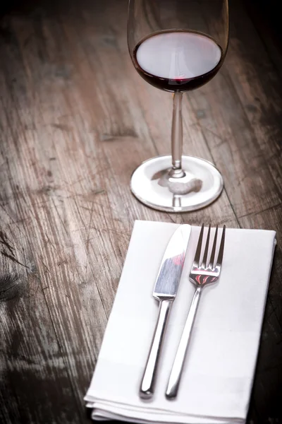 Rustic table setting on dark wooden background — Stock Photo, Image