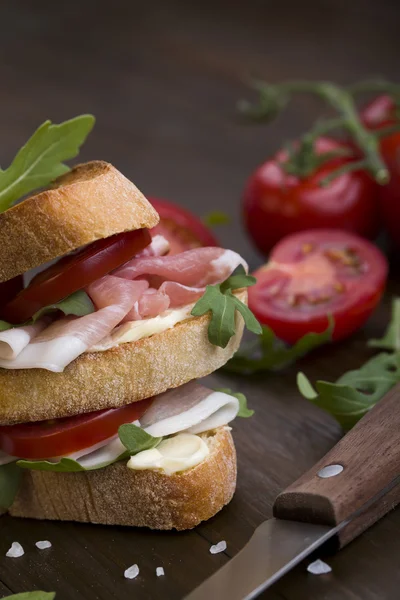 Delizioso sandwich su sfondo rustico — Foto Stock