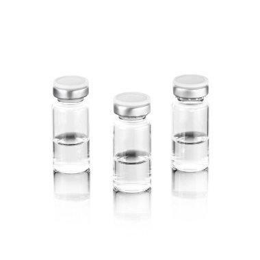 Aşı için tıbbi cam şişe. Beyaz arka planda izole edilmiş enjeksiyon için ilaç şişesi