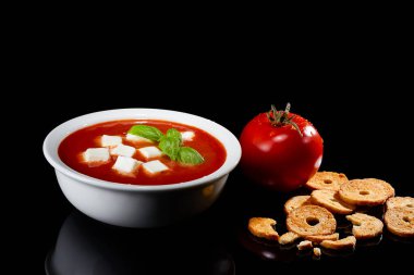 Domates çorbası. Mozarella parçalı ev yapımı domates çorbası, domates, bitki, baharat ve taze fesleğen. Yanında kızarmış bruschettalarla..