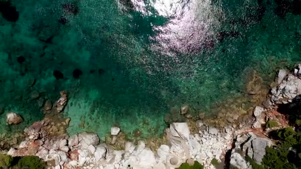 Повітряний дрон дивиться на скелясте узбережжя, кришталево чисті води Егейського моря, туристичні пляжі і багато зелених на острові Скопелос, Греція. Типовий вид на багато подібних грецьких островів. — стокове відео