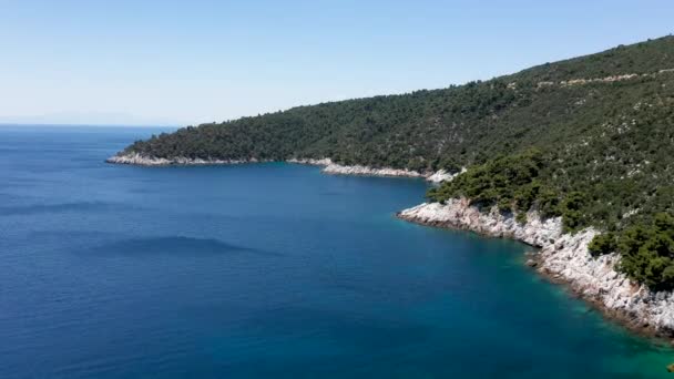 Vistas aéreas de drones sobre una costa rocosa, aguas cristalinas del mar Egeo, playas turísticas y mucha vegetación en la isla de Skopelos, Grecia. Una vista típica de muchas islas griegas similares. — Vídeos de Stock