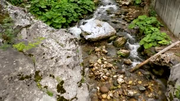 Niedriger, langsamer Flug über einen Gebirgsfluss flussaufwärts. Wildtiere in Bulgarien. Blaues kaltes Wasser eines Gebirgsflusses. — Stockvideo