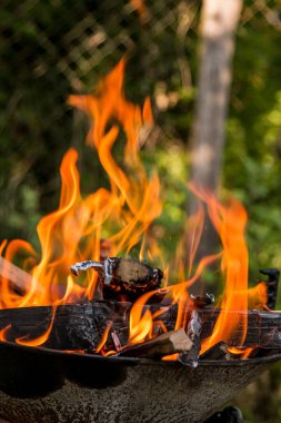 Güneşli bir günde, bir barbekü partisinde yanan ateş..