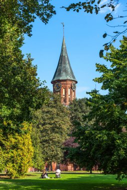 Kaliningrad, Rusya - 27 Eylül 2020: Immanuel Kant Adası 'ndaki Kaliningrad Katedrali. Bir Unesco Dünya Mirası sahası ve Kalininingrad, Rusya 'nın merkezindeki kırmızı tuğlalı Gotik katedrali..