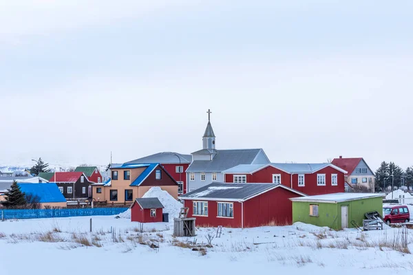 Vista Panorámica Pequeña Aldea Eyrarbakki Sur Islandia Típico Pequeño Pueblo —  Fotos de Stock