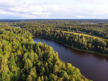 Rusya 'daki Tver Oblastı' nın Ostashkovsky Bölgesi 'ndeki Seliger Gölü' nün güzel panoramik manzarası. Orta Rusya 'nın en büyük doğal gölleri. Küçük adaları, ormanları ve tepeleri olan Seliger Gölü manzarası.