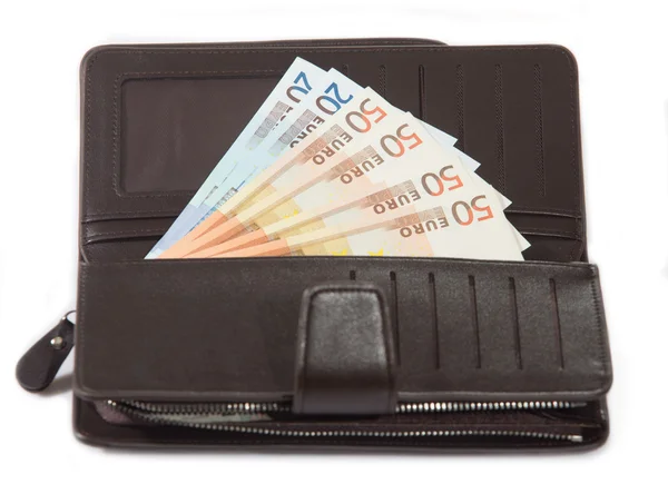 Euro banknot deri çanta içinde — Stok fotoğraf