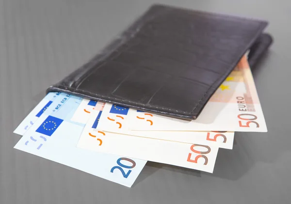 Euro banknotes in leather purse — Stock Photo, Image