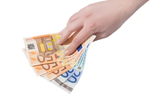 Банкнота євро в жіночій руці — стокове фото