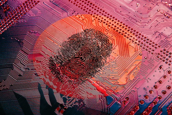 Computerkarte Mit Einem Fingerabdruck Einem Roten Kreis Datenschutzkonzept — Stockfoto