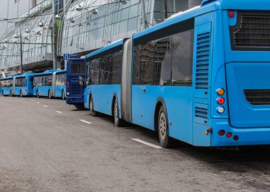 Şehirdeki otobüs durağının önüne park edilmiş otobüsler.