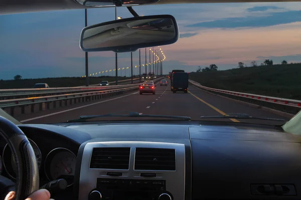 Вид Окна Автомобиля Движущегося Загородному Шоссе Ночью — стоковое фото