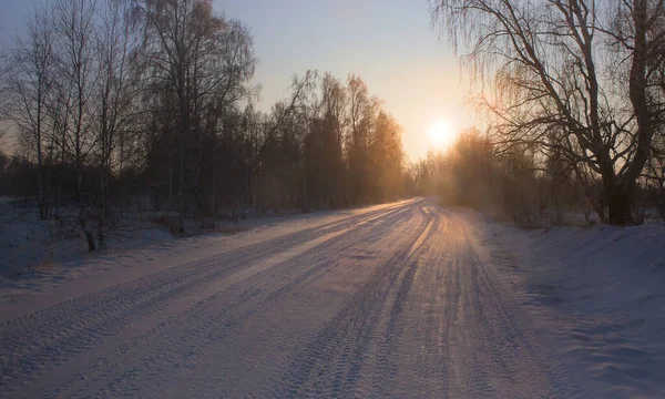 Inverno Estrada Nevada Parte Manhã Pôr Sol Paisagem — Fotografia de Stock