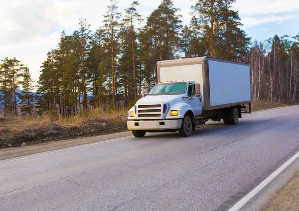 Vrachtwagen Rijdt Landweg Bos — Stockfoto