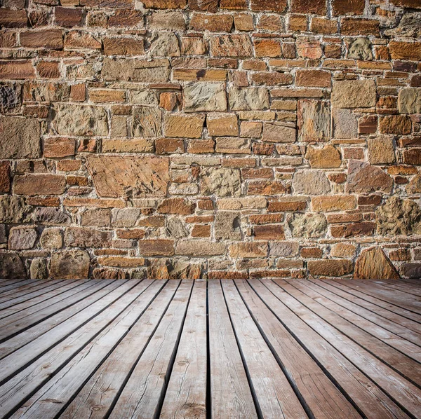 Pared Piedra Madera Piso Estudio Fondo — Foto de Stock