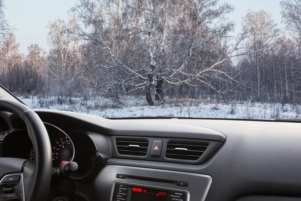 겨울에 눈덮인 자작나무 숲에서 자동차 유리를 바라봄 — 스톡 사진