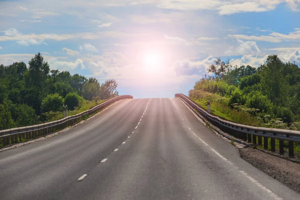 Lever Soleil Horizon Sur Une Autoroute Campagne Vide — Photo