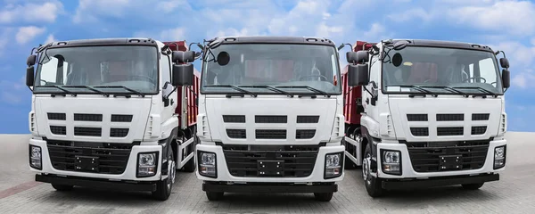 Três Grandes Caminhões Vista Frontal Estrada Contra Céu — Fotografia de Stock