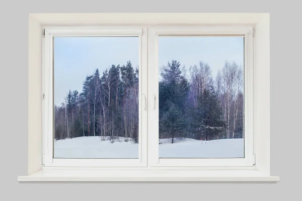 Vue Fenêtre Forêt Hiver Sur Colline — Photo