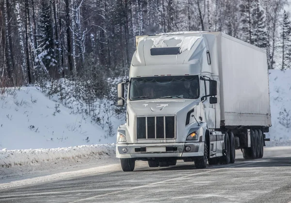 Vrachtwagen Beweegt Een Winterweg Langs Het Bos — Stockfoto