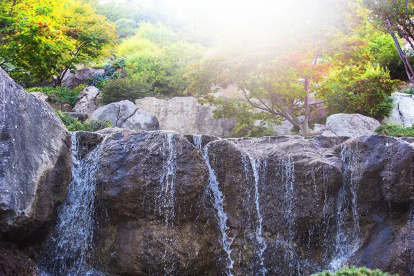 Schöner Wasserfall Mit Tropischen Bäumen Und Pflanzen Einem Sommertag — Stockfoto