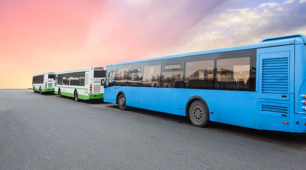 Ônibus Uma Fileira Contra Fundo Belo Céu Nascer Sol — Fotografia de Stock