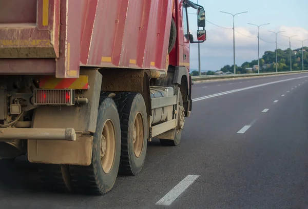 Dump Truck Moves Country Road City Close Detail — Stock Photo, Image