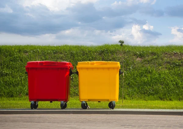 Conteneurs Ordures Plastique Rouge Jaune Dans Rue Sur Pelouse Sur — Photo