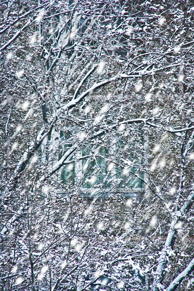 Снегопад перед окном дома — стоковое фото