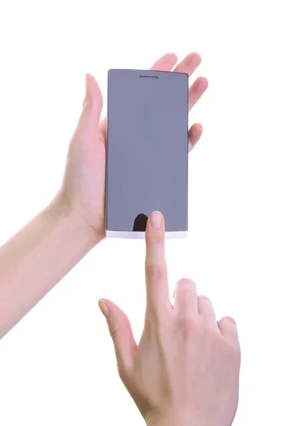 Smartphone w ręce kobiece kobieta na białym tle — Zdjęcie stockowe