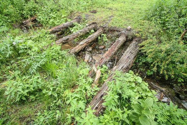 Alte kaputte Fachwerkbrücke durch Fluss — Stockfoto