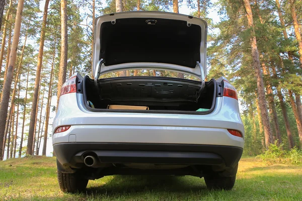 Car with an open luggage carrier in wood — Stock Photo, Image