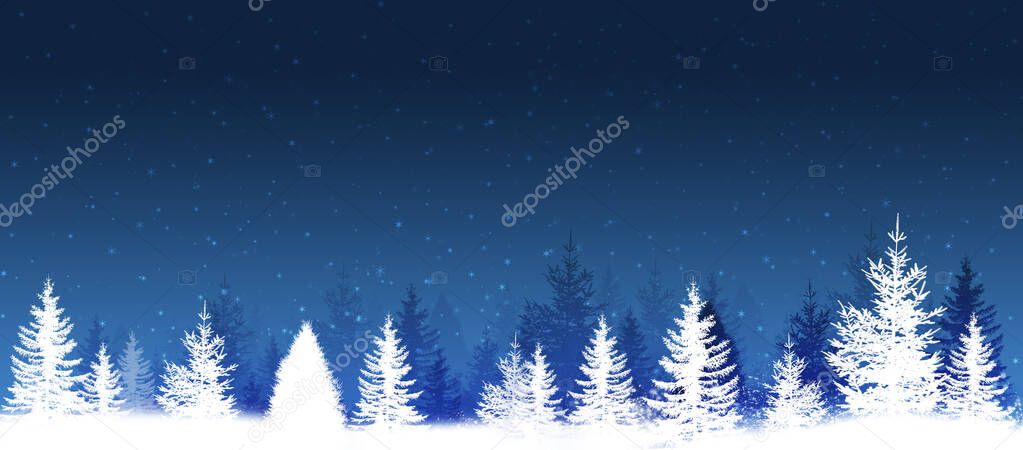 night time winter holiday snow banner with trees in the forest