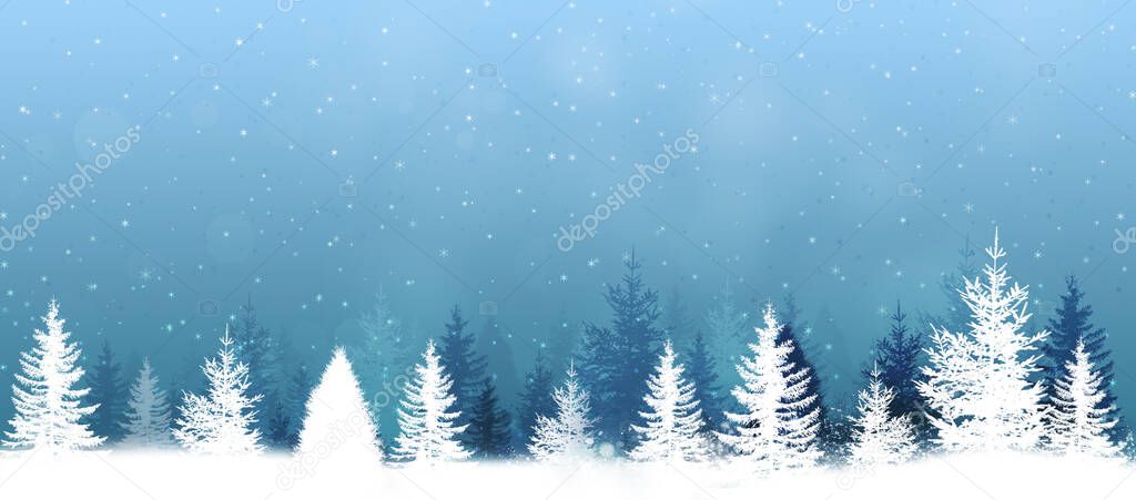 winter holiday snow time blue banner with trees in the forest
